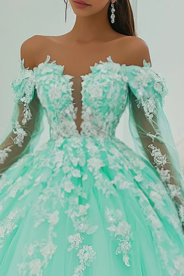 Ball Gown Off The Shoulder Mint Green Appliqued Quinceanera Dress